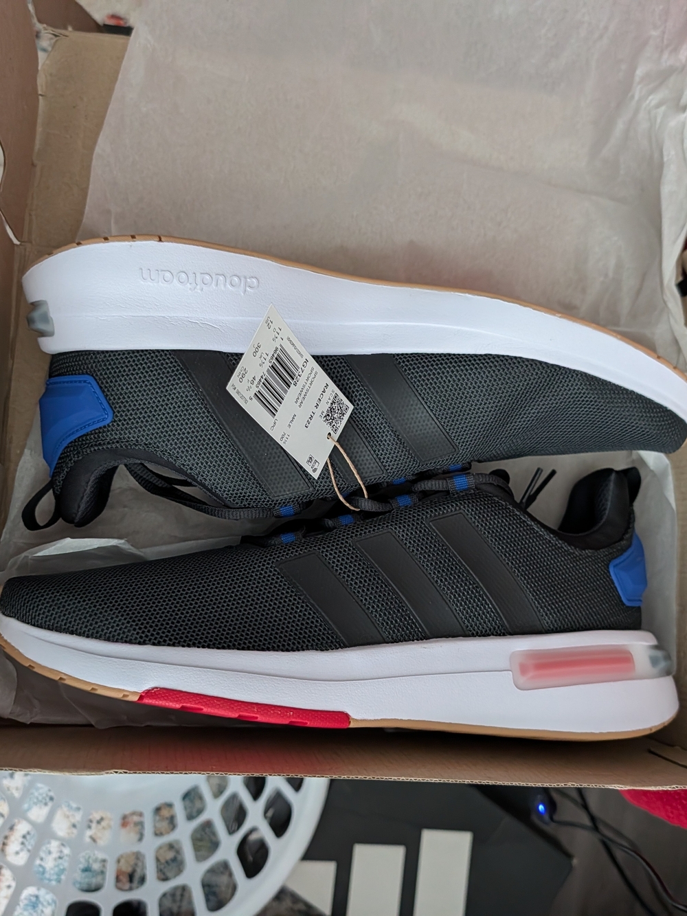adidas Racer T33 Men’s Black Mesh Sneaker with Blue and Red Accents